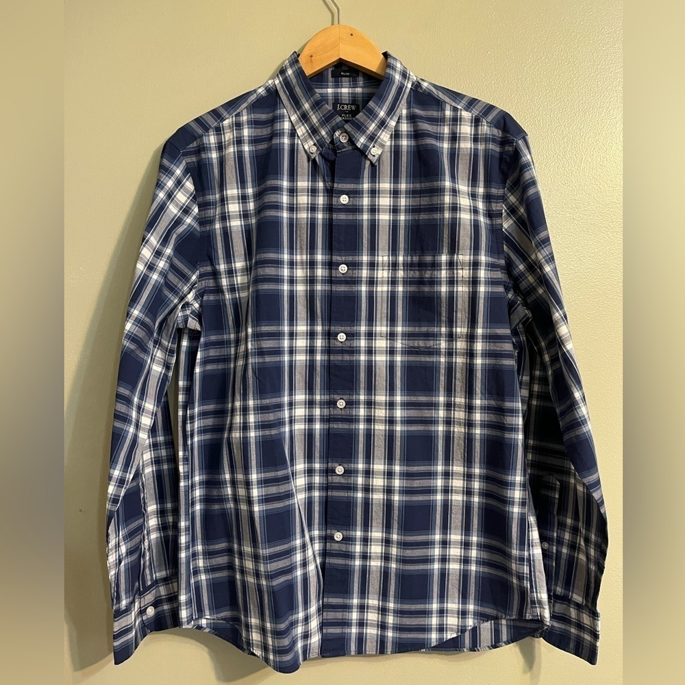J Crew Flex Washed Slim Fit Blue Plaid Button Up Shirt Men’s Long Sleeves Sz L